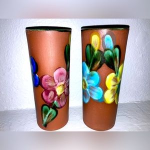 VINTAGE HAND PAINTED CLAY TUMBLERS/ VASE (SET OF TWO!) ABSOLUTELY BEAUTIFUL!